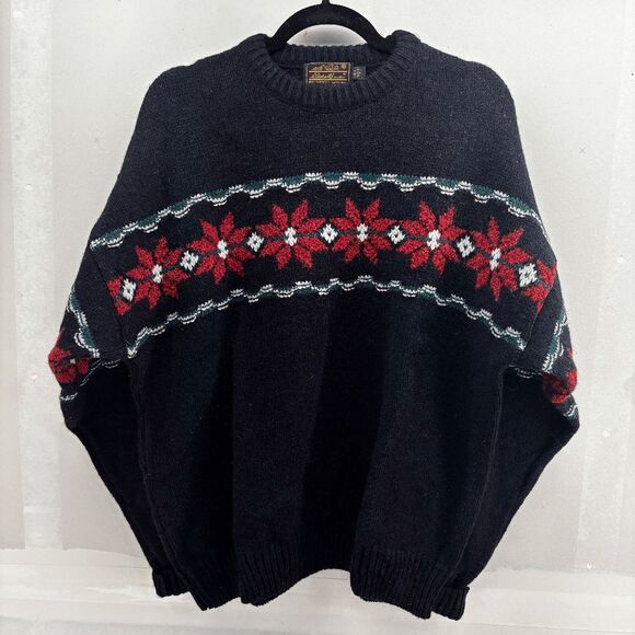 Vintage Eddie Bauer Christmas Poinsettia Made USA Mens L Black Red Wool Sweater - Picture 1 of 4